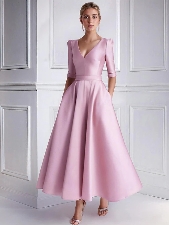 A-Line Wedding Guest Dress Elegant Dress Formal Semi-formal Tea Length Half Sleeve V Neck Satin w... | Lightinthebox