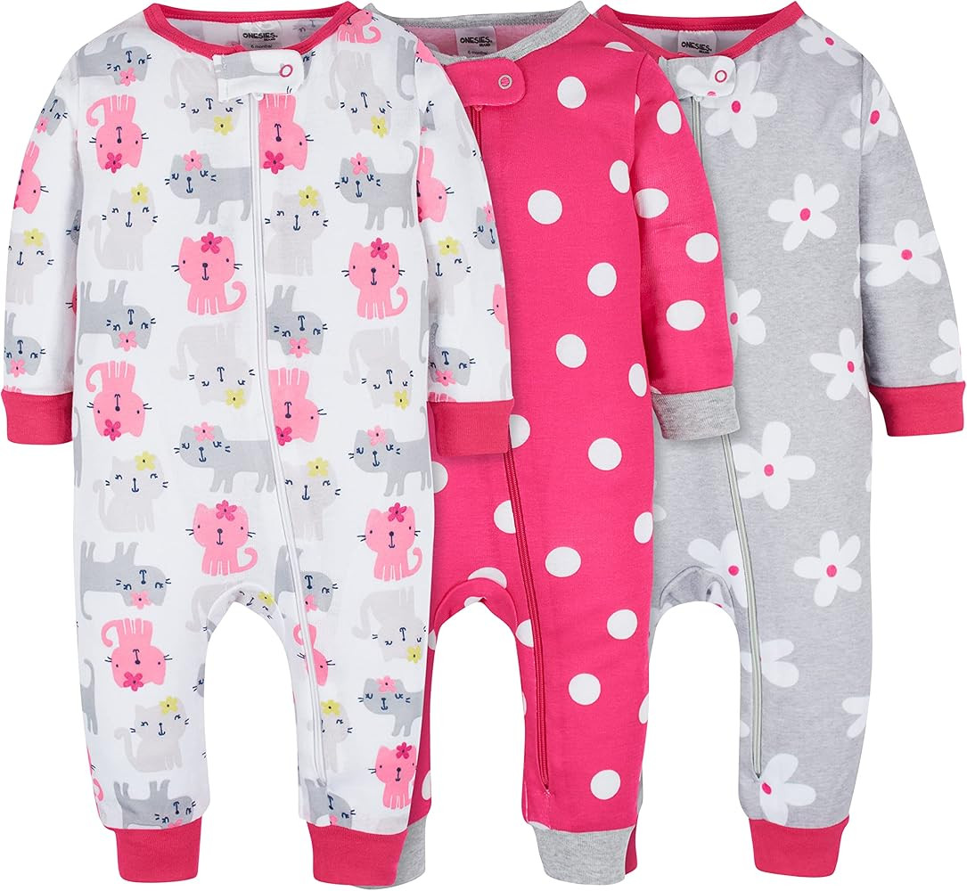 Onesies Brand Baby Girls' 3-Pack Snug Fit One-Piece Cotton Pajamas | Amazon (US)