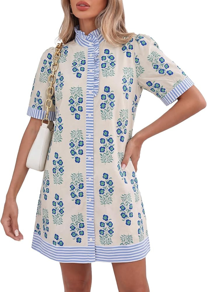 Kedera Womens Mini Dress Casual Short Sleeve Floral Ruffle V Neck Summer Loose Boho Babydoll Dres... | Amazon (US)