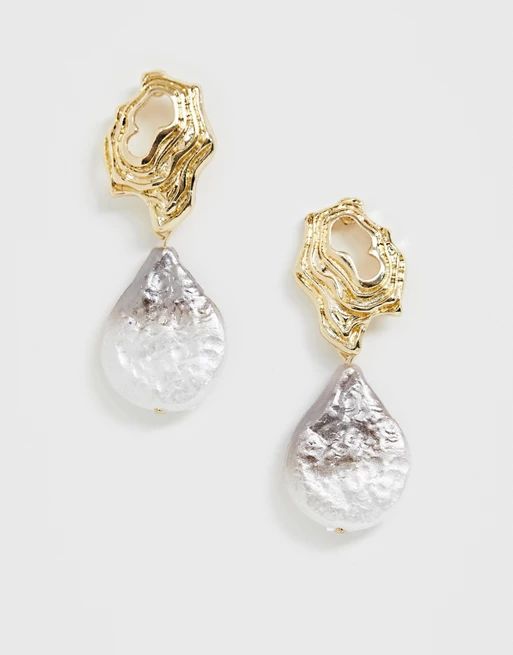 ASOS DESIGN earrings with abstract stud and iridescent pearl drop in gold tone | ASOS ROW