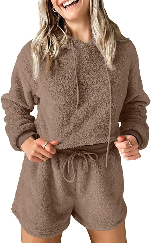 Fazortev Women Fuzzy Pajama Sets Fluffy 2 Piece Outfits Cropped Hoodie High Waist Drawstring Shor... | Amazon (US)