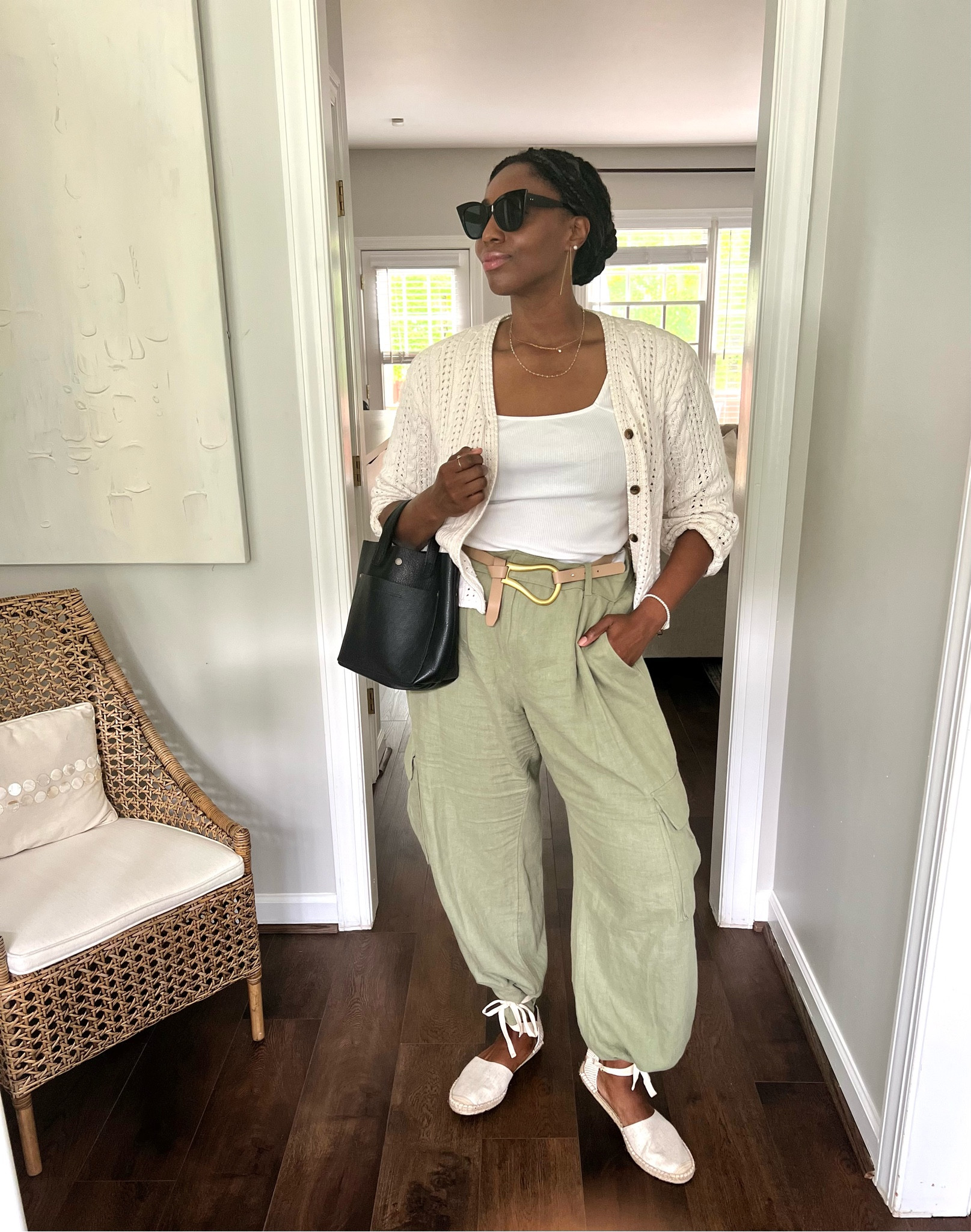 Wrap sandal cargo pants & crochet cardigan + plus bodysuit #spring styles 

#LTKmidsize #LTKshoecrush #LTKSeasonal