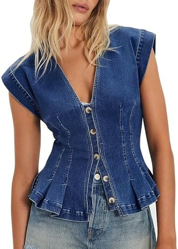 Women's Denim Vest Trendy 2026 Cap Sleeve Deep V Neck Button Down Jean Vest Tops for Women Summer... | Amazon (US)