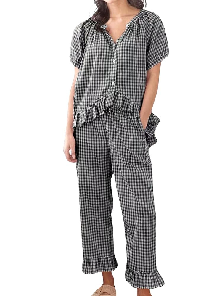 Womens Gingham Pajama Set 2 Piece Short Sleeve Babydoll Shirt and Pants Lounge Set Cute Sleepwear | Amazon (US)