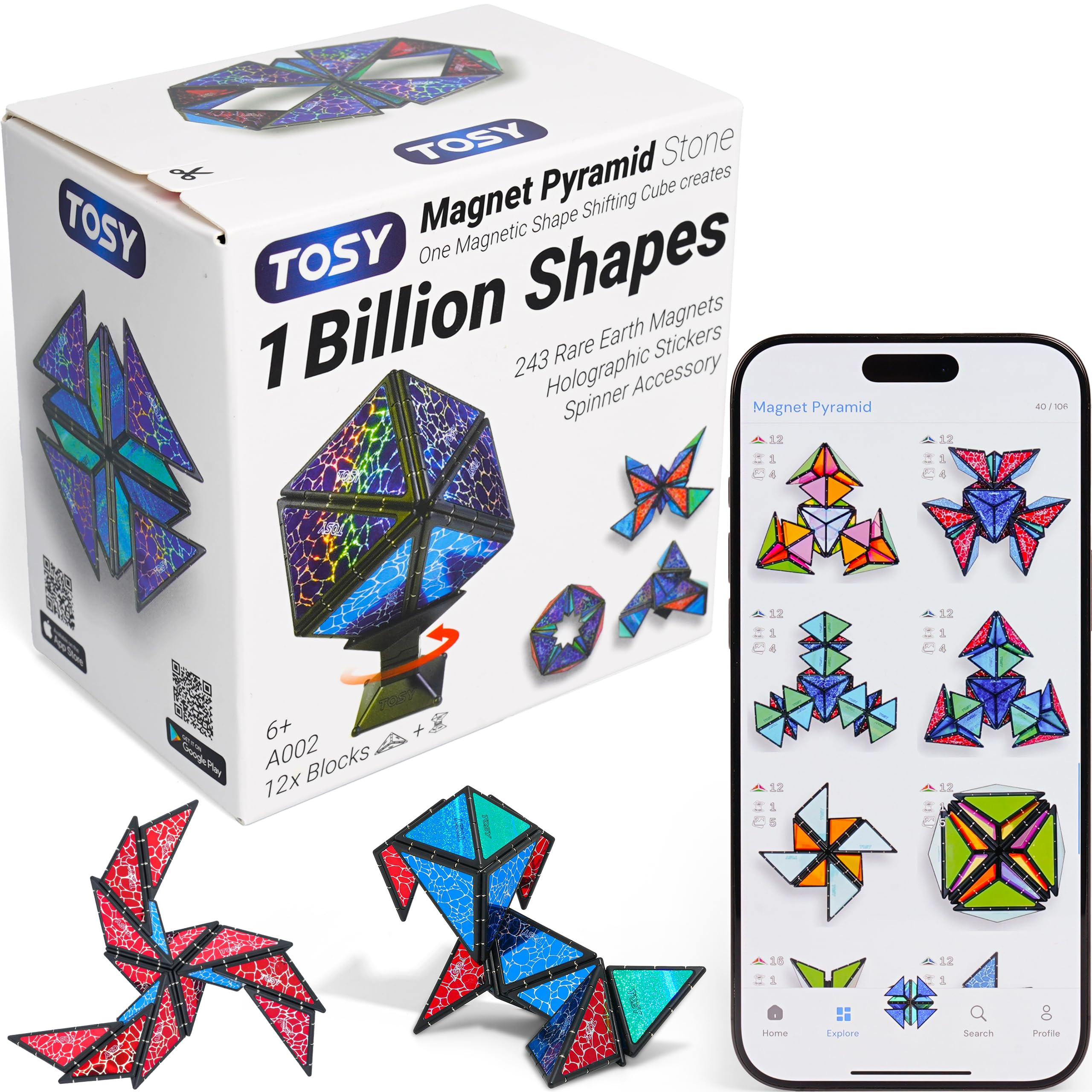 TOSY Magnet Pyramid Stone - 1 Cube Transforms into 1 Billion Shapes, 14 pcs (12 Puzzle pcs and 2 ... | Amazon (US)