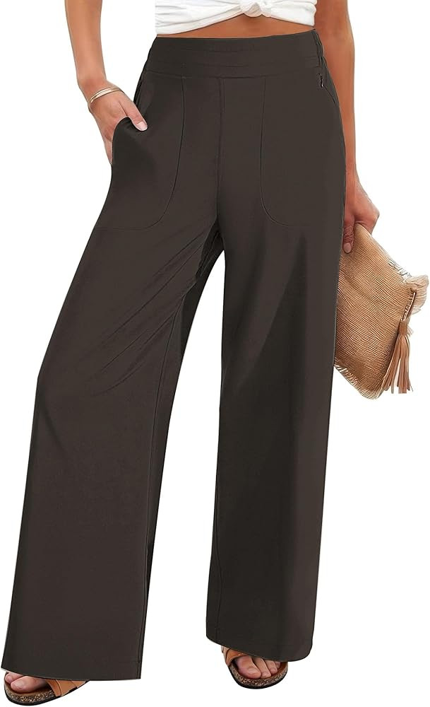 FireSwan Women's Wide Leg Work Pants High Elastic Waist Dress Palazzo Pants Trousers with Zipper ... | Amazon (US)