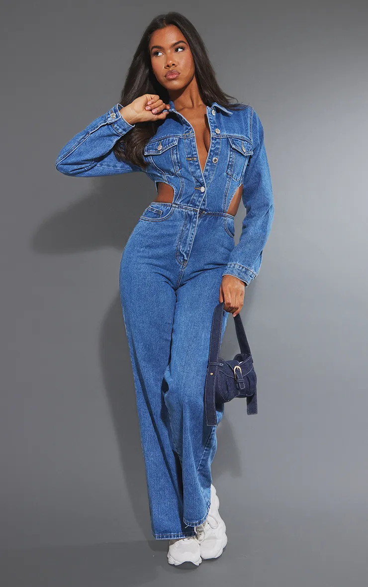 Mid Blue Wash Cut Out Waist Denim Jumpsuit | PrettyLittleThing US