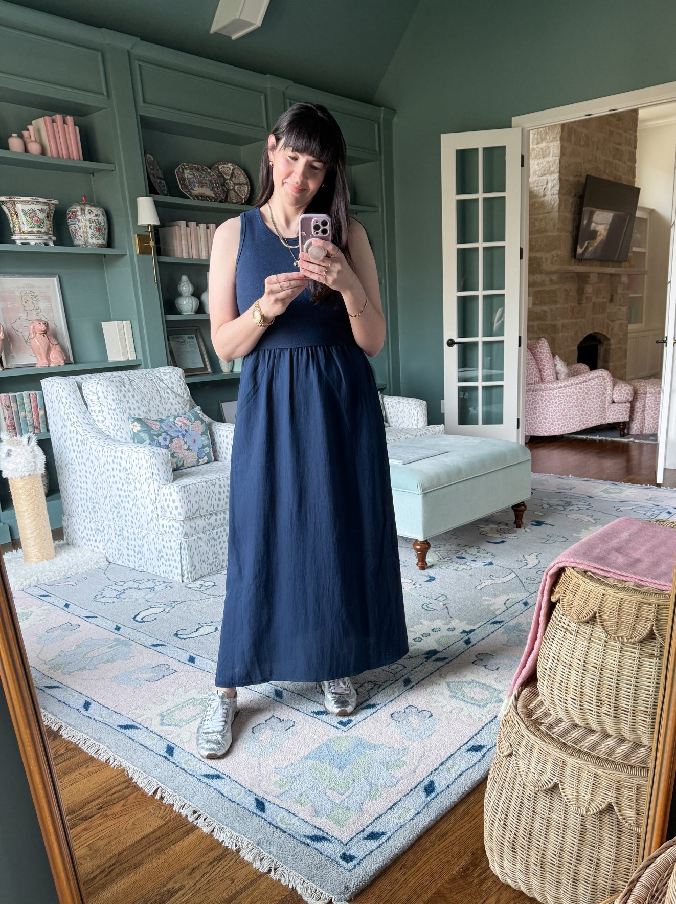 Navy sleeveless maxi dress, silver sneakers 

#LTKWorkwear #LTKMidsize