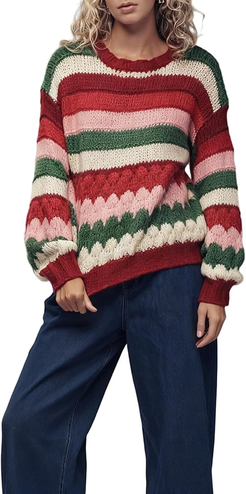 Women Christmas Striped Oversized Knit Sweater Color Block Long Sleeve Crew Neck Fall Winter Rain... | Amazon (US)