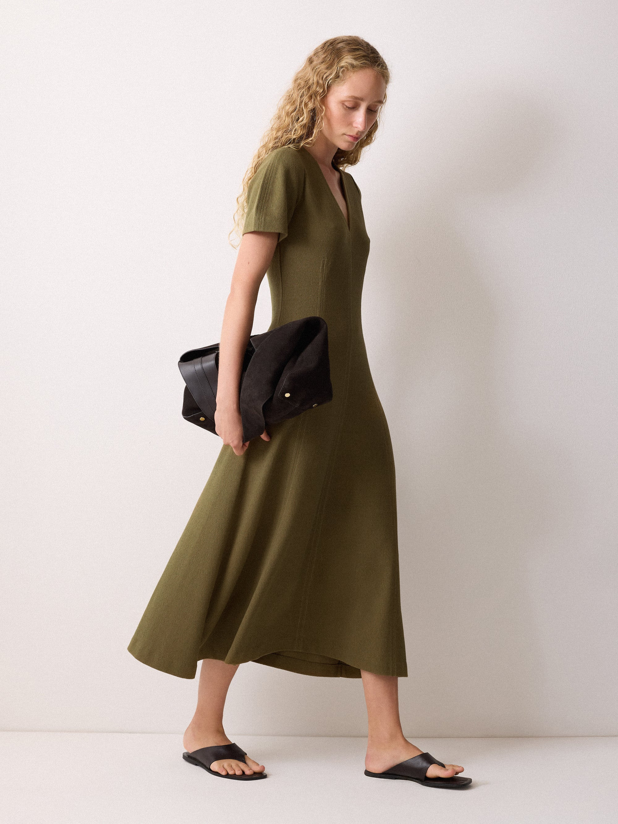 Curved Sleeve Midi Dress | Khaki | Jigsaw (UK)