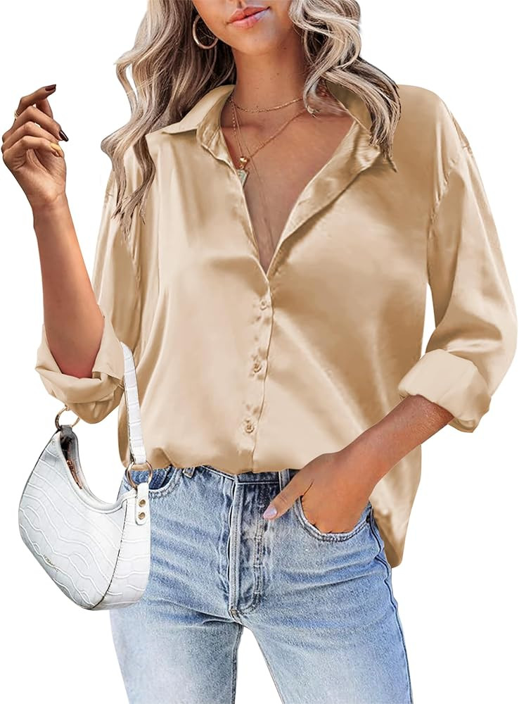 HOTOUCH Women Satin Silk Button Down Shirt Ladies Long Sleeve Tops V Neck Loose Blouse Dressy Bus... | Amazon (US)