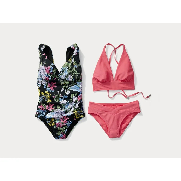 Time and Tru Women's and Plus Plunge V Neck One Piece Swimsuit, Sizes XS-3X | Walmart (US)