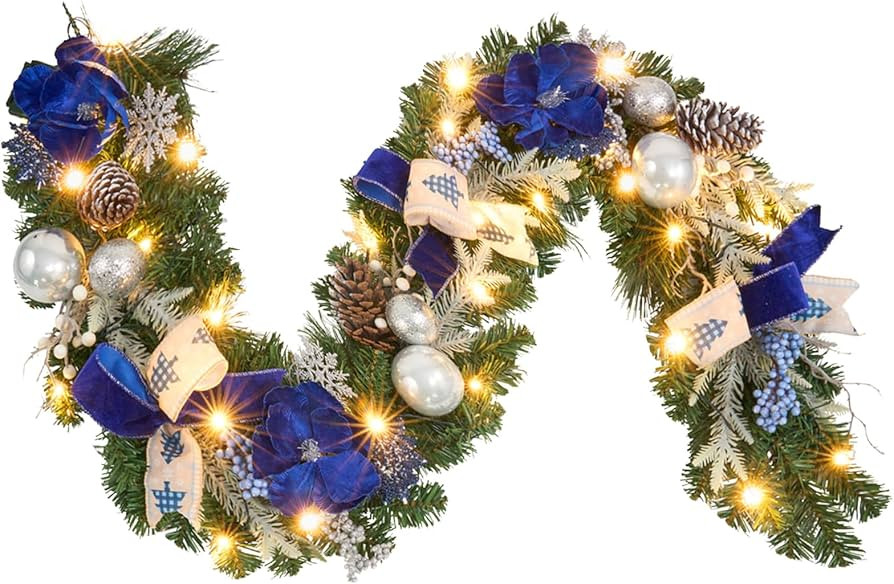 Pre-Lit Christmas Garland with Christmas Tree Icon Ribbon and Magnolia, 25 LED Lights with Timer,... | Amazon (US)