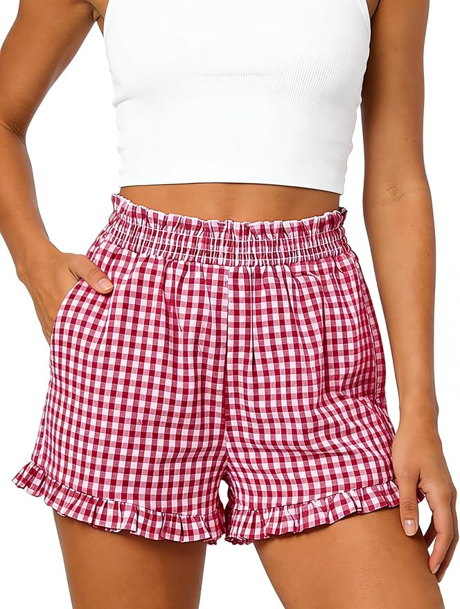 Womens Ruffle Boxer Shorts Gingham Pajama Shorts with Pockets Lounge Sleep Shorts Summer Causal O... | Amazon (US)