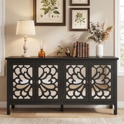 Heynemo Carved Sideboard Cabinet with Storage, 63'' Modern Buffet Cabinet with Mirrored Door and Adjustable Shelves, Accent Cabinet for Entryway,Black | Target