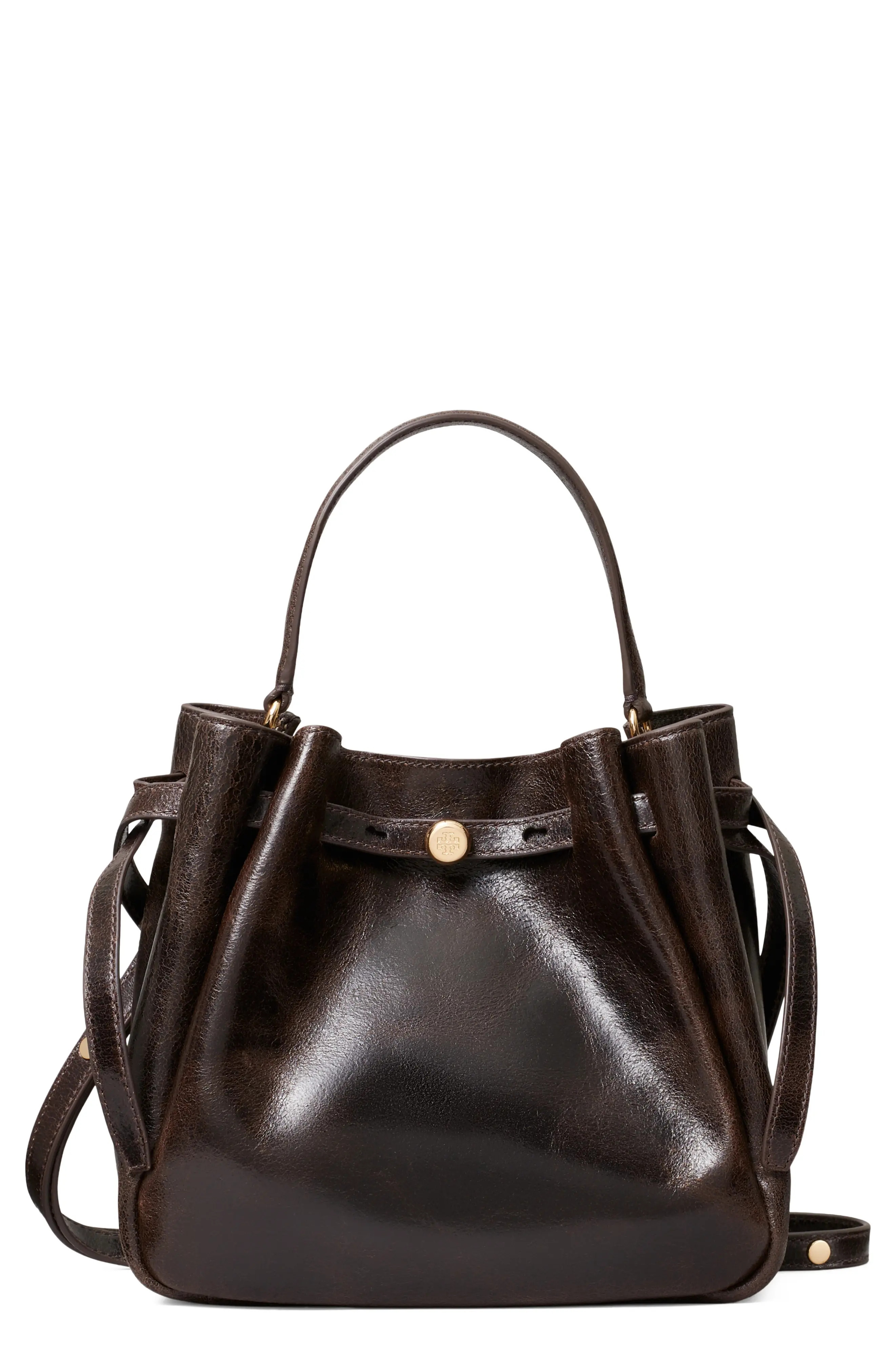 Tory Burch Romy Distressed Leather Bucket Bag in Dark Brown at Nordstrom | Nordstrom