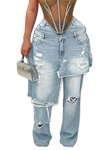 LKOUS Women's Ripped Baggy Jeans High Waist Wide Leg Patchwork Distressed Cutout Stretchy Denim Pants Streetwear Light Blue | Amazon (US)