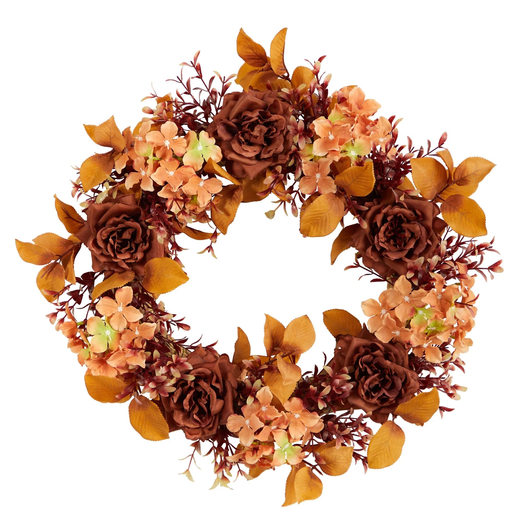 20” Autumn Rose and Hydrangea Fall Artificial Wreath | Nearly Natural | Nearly Natural