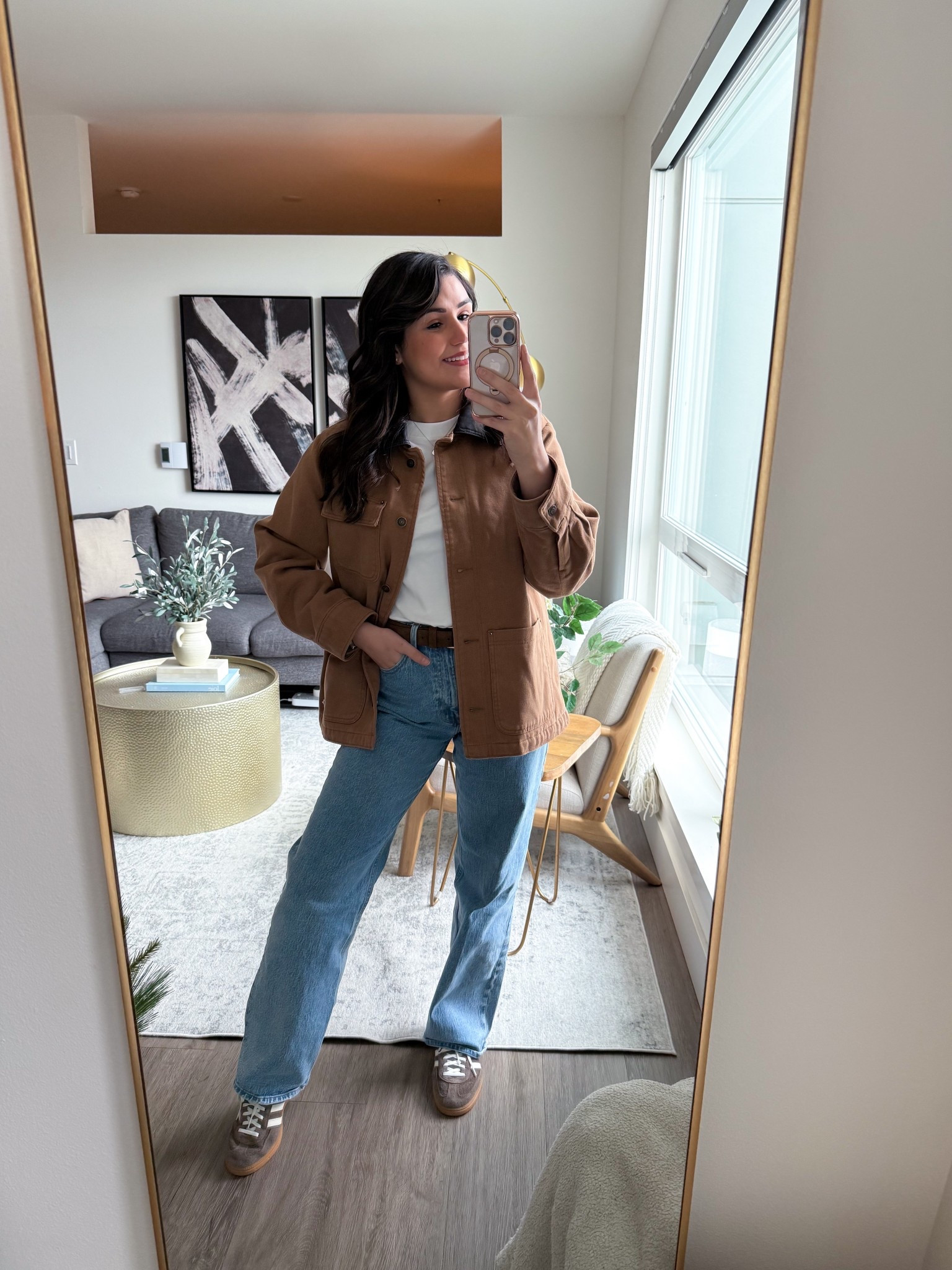 transitional spring outfit idea | barn jacket | spring outfit ideas | casual chic style | effortless style | minimal style | everyday style 

Jacket: XS (fit oversized) 
Tee: S 
Jeans: 28S 
Adidas: 8 (sized down half) 

#LTKStyleTip #LTKSpringSale #LTKPetite