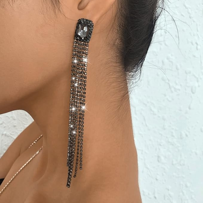 Amazon.com: Xerling Long Rhinestones Tassel Earrings Bridal Black Chandelier Fringe Bohemian Earr... | Amazon (US)