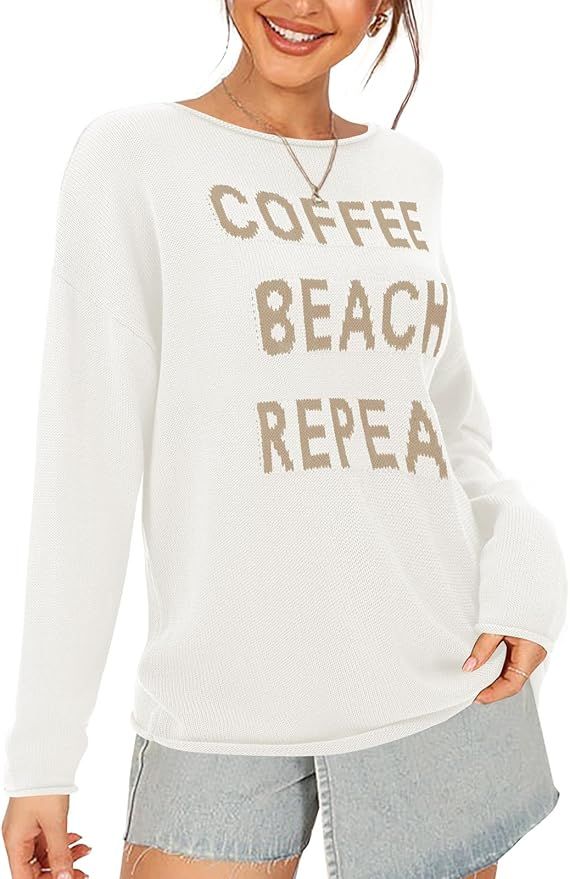 Onedreamer Womens Sweater Casual Crew Neck Long Sleeve Coffee Beach Repeat Pullover Top | Amazon (US)