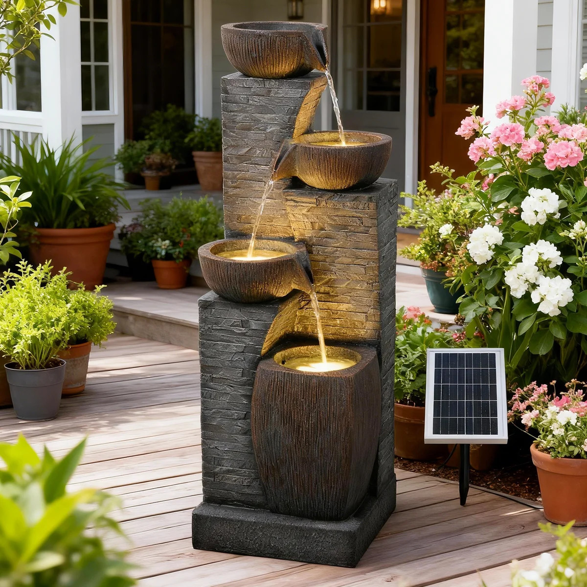 38.2" Tall Solar Water Fountain Outdoor Garden,4 Tiers Modern Cascading Bowls And Stacked Stones ... | Wayfair North America