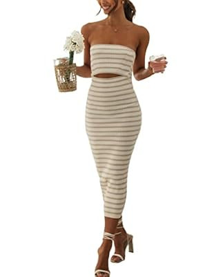 NUFIWI Women Summer Strapless Knitted Long Dress Off Shoulder Striped Cutout Midi Dress Bodycon B... | Amazon (US)