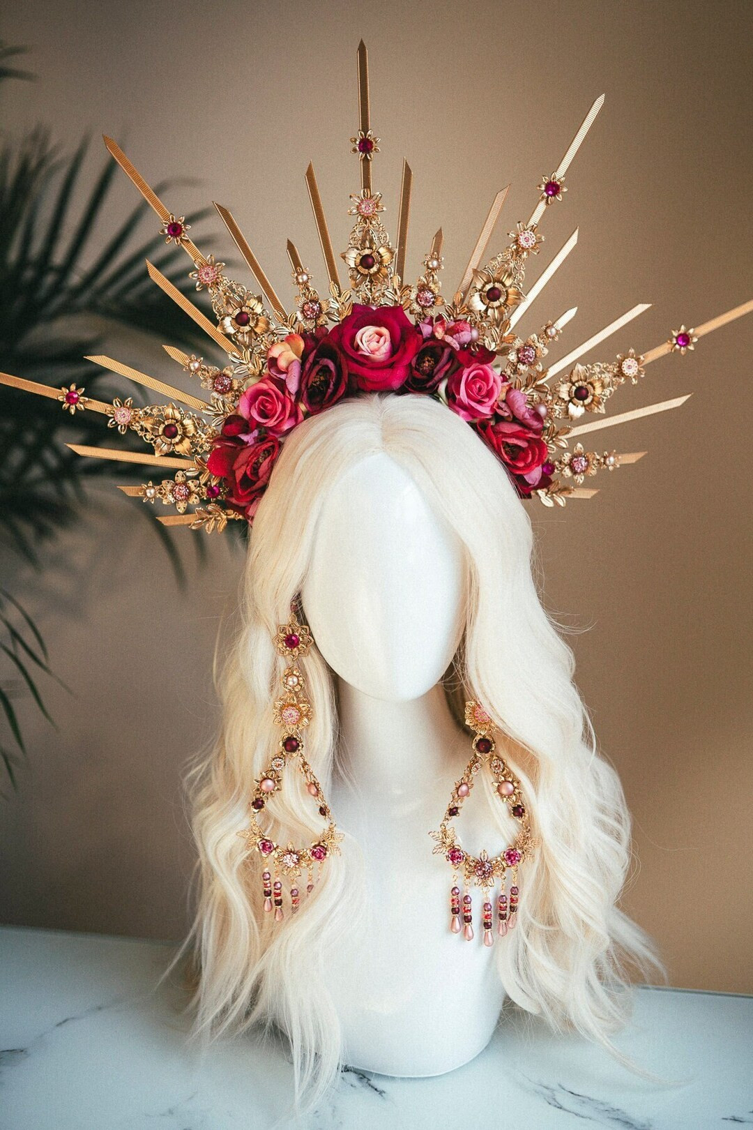 Flower Halo Crown, Red Flower Crown, Gold Goddess Headpiece, Wedding Crown, Bridal Headpiece, Gol... | Etsy (US)