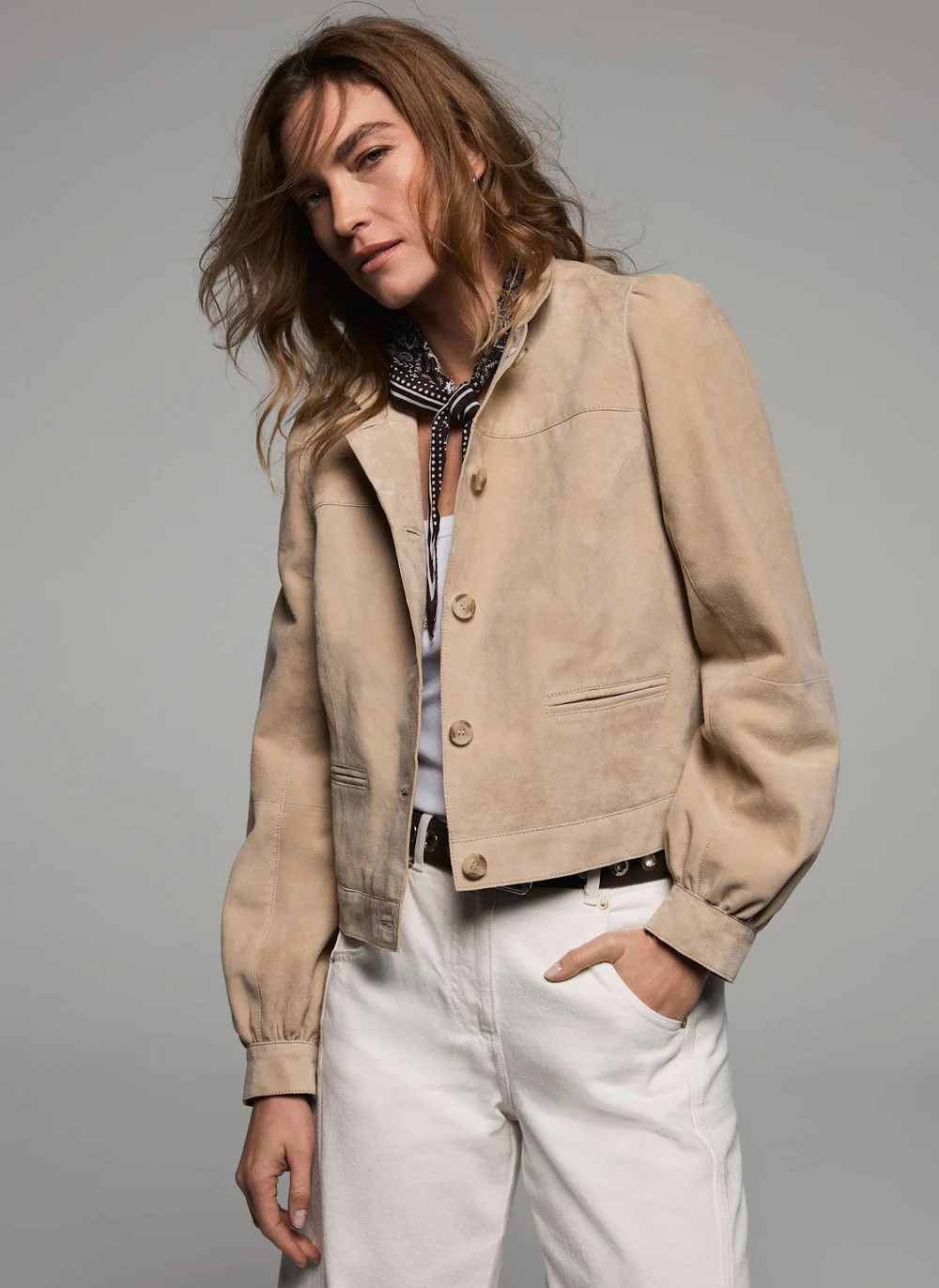 Neutral Suede Puff Sleeve Jacket | Mint Velvet