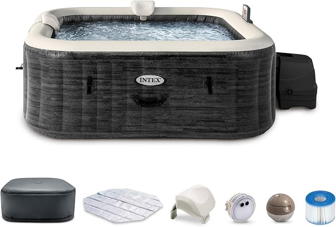 INTEX PureSpa Greystone Deluxe 6 Person Square Inflatable Hot Tub, Bubble Massage Spa Set with En... | Amazon (US)