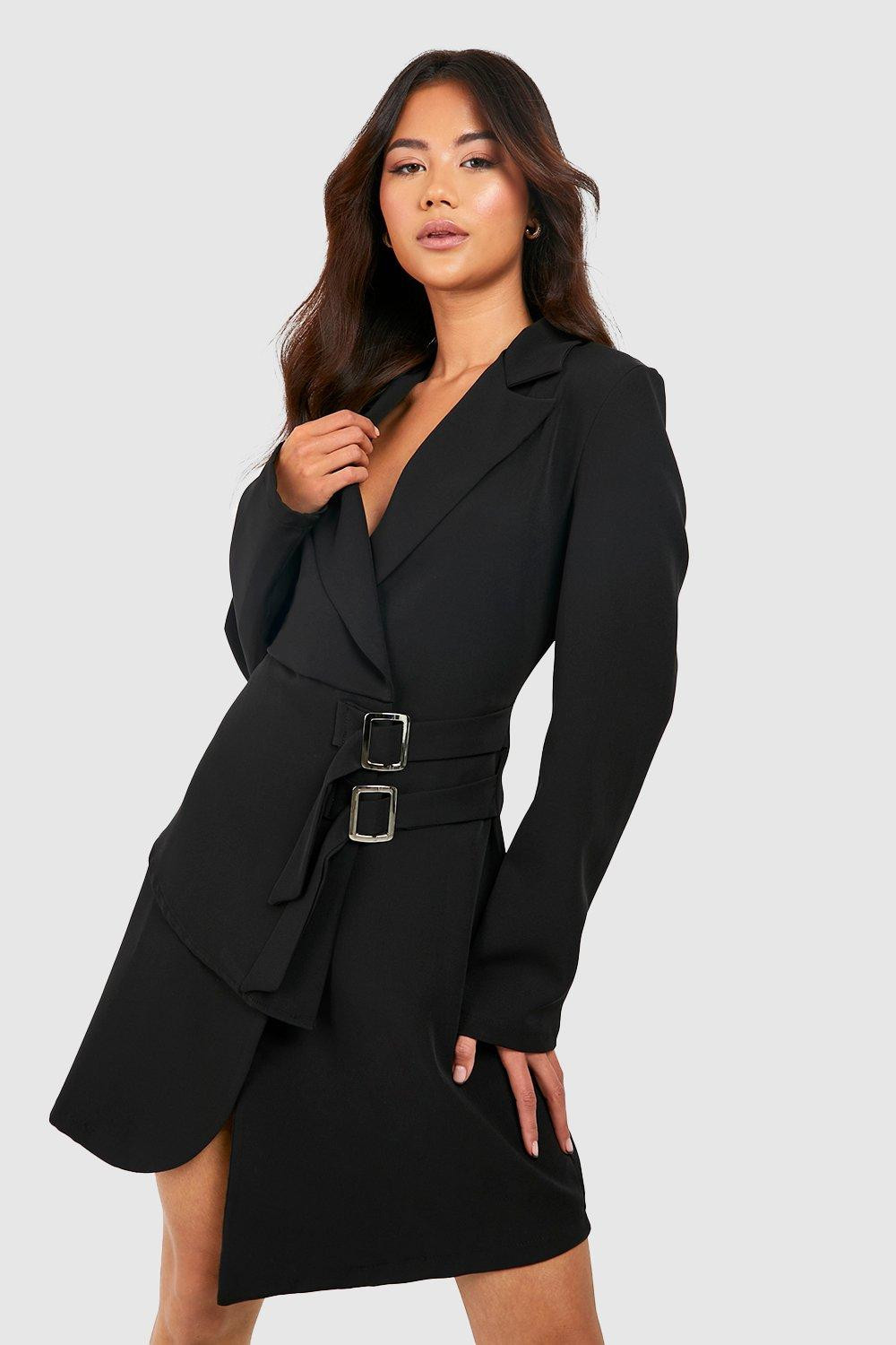 Womens Double Layer Buckle Detail Blazer Dress - Black - 8 | Boohoo.com (US & CA)