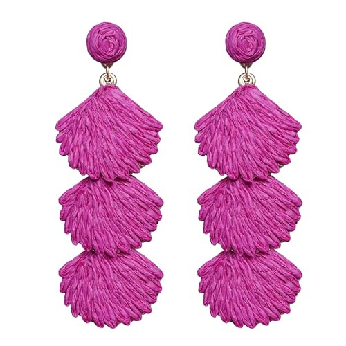 SELFWIMG Raffia Dangle Earrings for Women - Boho Statement Rattan Drop Jewelry with Shell Design, Lightweight Summer Beach Trendy Accessories, Hot Pink | Amazon (US)