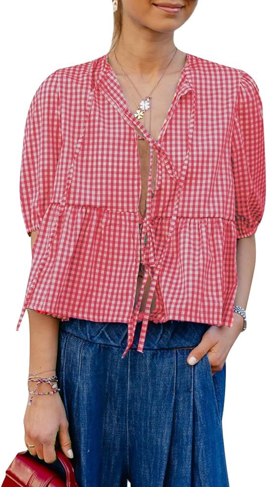Y2k Women Puff Short Sleeve Shirts Front Tie Ruffle Hem Babydoll Peplum Blouse Cute Basic Lace Up... | Amazon (US)