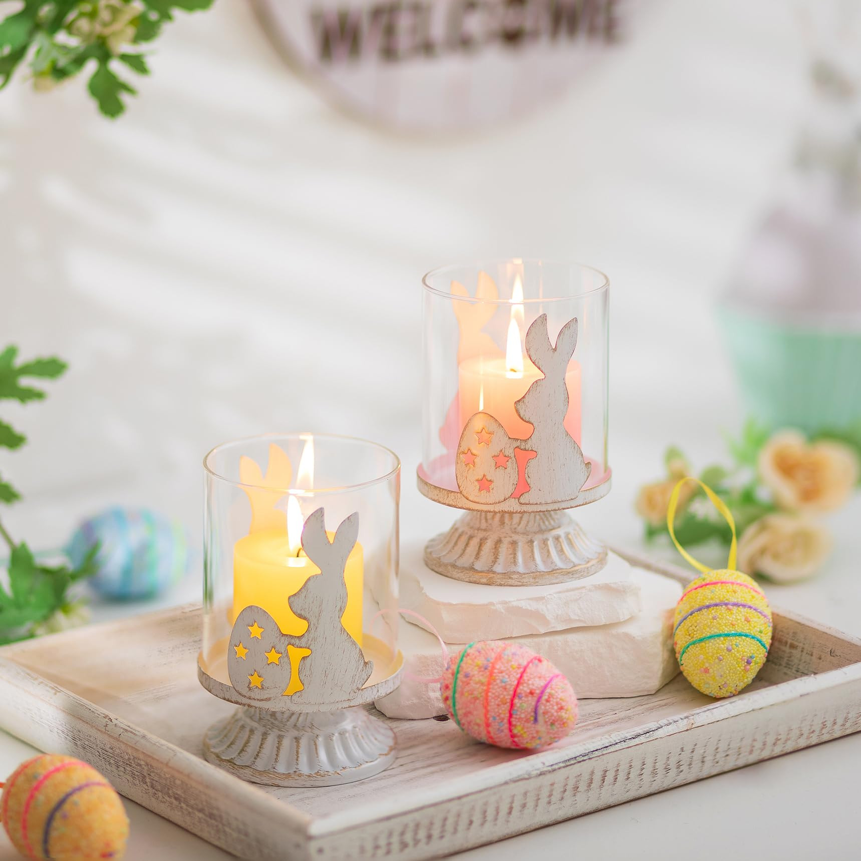 Romadedi Easter Bunny Candle Holder Decor - Set of 2 Rustic Rabbit Egg Hurricane Holder for Pilla... | Amazon (US)