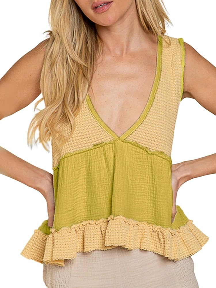 Women's Casual V Neck Peplum Tops Sleeveless Ruffle Hem Babydoll Tank Top Peplum Tee Shirts Cotto... | Amazon (US)