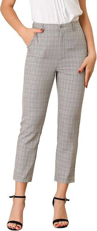 Allegra K Women's Plaid High Waist Elastic Back Office Work Ankle Pants | Amazon (US)
