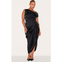 Plus Black Satin Off The Shoulder Draped Skirt Midi Dress | PrettyLittleThing US