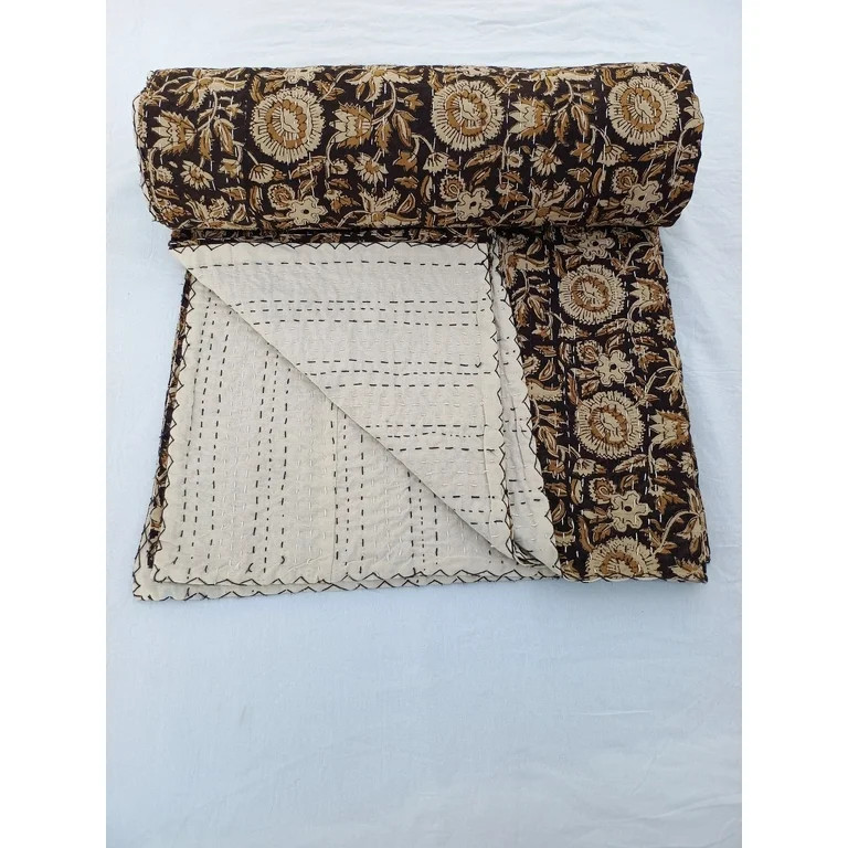 Leaf print Handmade Kantha Quilt Unique Design Handmade Kantha Quilted Bedding Bedspread Handbloc... | Walmart (US)