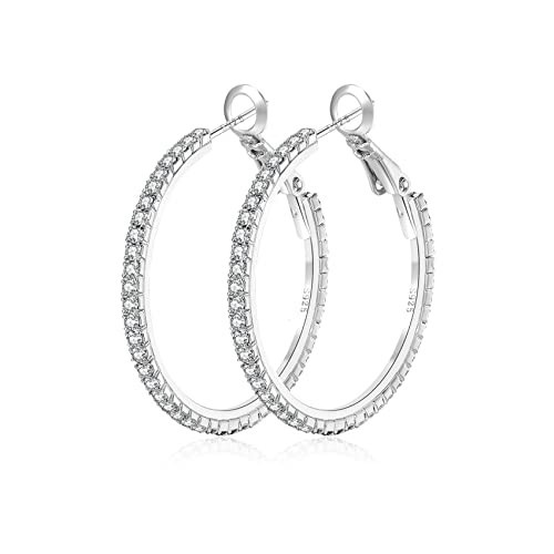 MOROTOLE 925 Sterling Silver Rhinestone Hoop Earrings Fashion Thin Silver Rhinestone Hoops Hypoallergenic Big Silver Hoops Earrings for Women Jewelry Gifts 20/30/40/50/60/70mm Silver Hoops | Amazon (US)