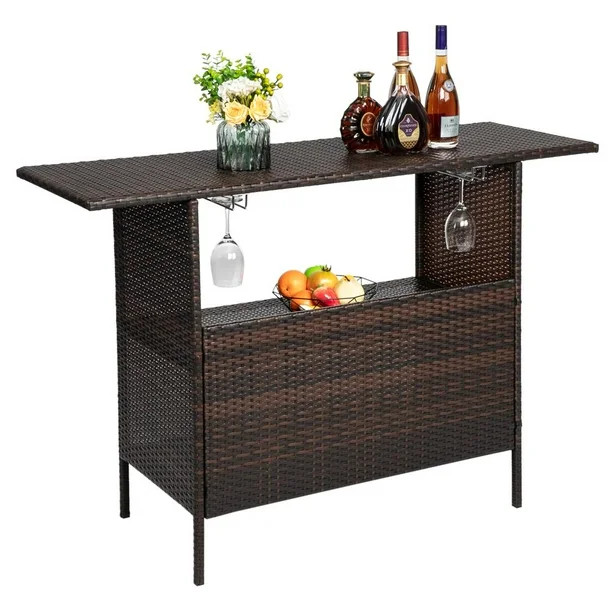 Zimtown Outdoor Wicker Bar Table with 2 Steel Shelves for Backyard, Poolside, Garden | Walmart (US)