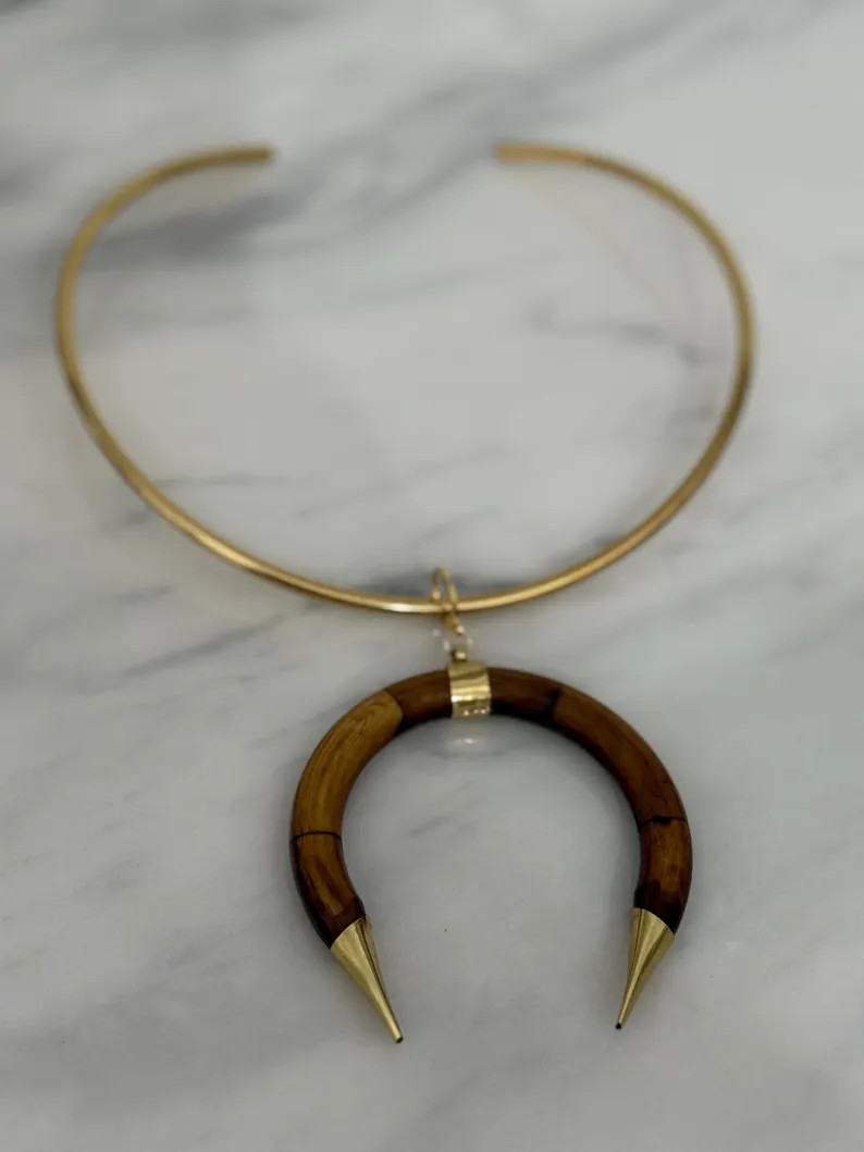 Brown and Gold Ox Bone Crescent Pendant Choker Necklace | Gold Thick Statement Choker Wire Collar... | Etsy (US)