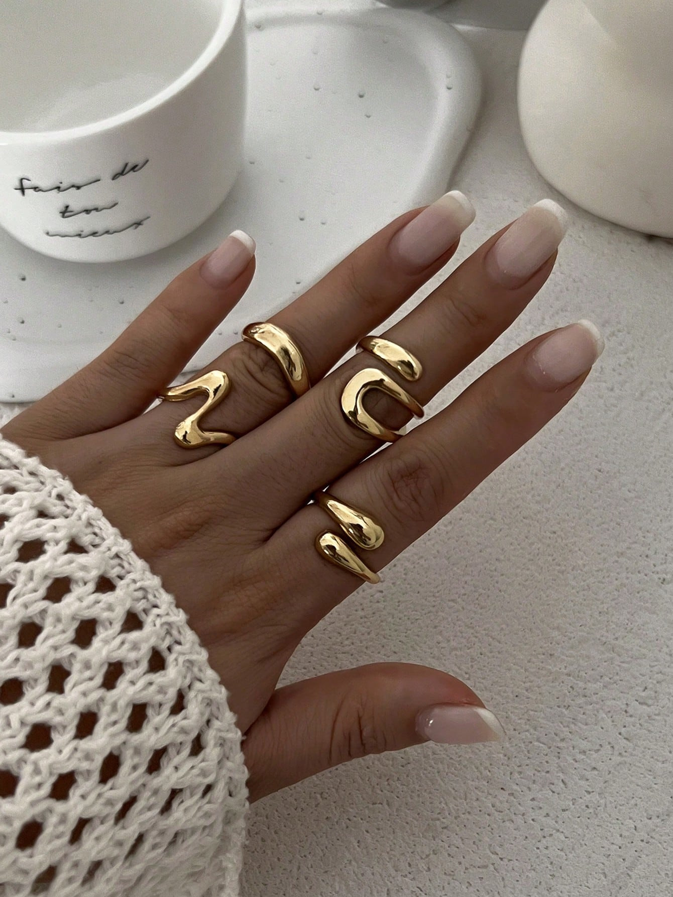 4-5pcs/Set Vintage Simple Metallic Liquid Lava Teardrop Design Open Rings, Asymmetrical Stylish U... | SHEIN