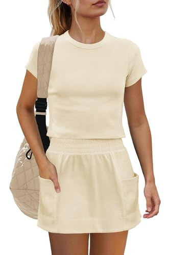 Yanekop Womens 2 Piece Tennis Skirt Sets Outfits Two Piece Matching Lounge Sets Short Sleeve Ribbed Tops and Skort Set(Beige,XS) | Amazon (US)