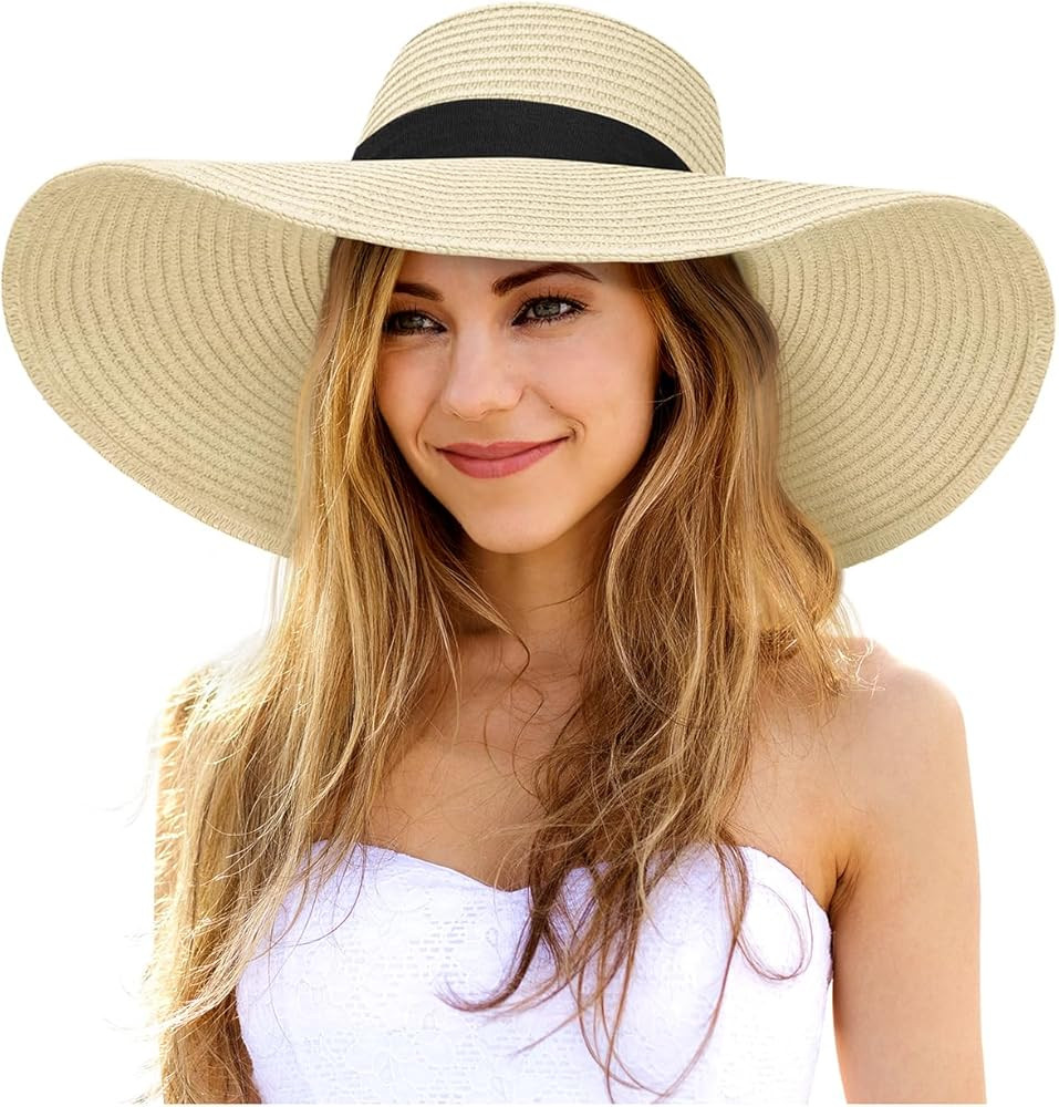 Womens Sun Hat UV Protection Wide Brim Beach Hat Floppy Foldable Roll-Up Straw Hats for Women UPF... | Amazon (US)