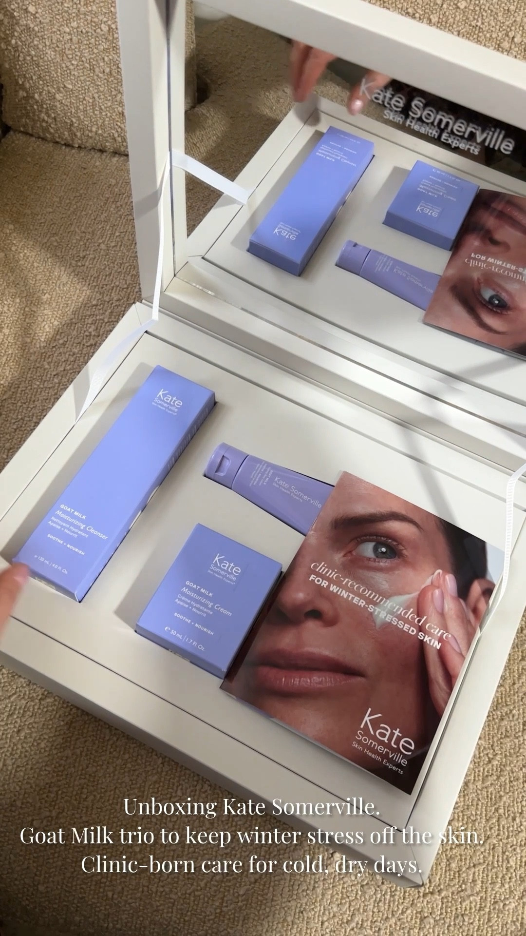 Unboxing Kate Somerville. 
Goat Milk trio to keep winter stress off the skin. Clinic-born care for cold, dry days.