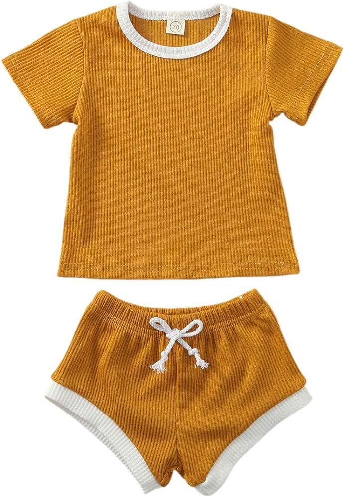 Baby Girls Summer Clothes Ruffle T Shirt Tops + Drawstring Shorts Outfit Set Cotton Clothing | Amazon (US)