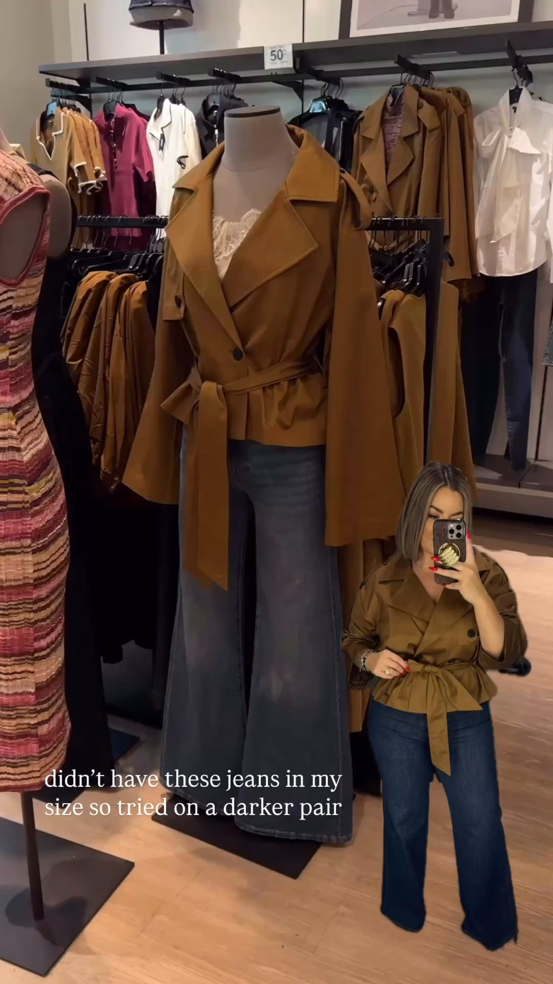 Major sale going on now at express. 

Trench M 
Flare jeans 12r but they fit snug I would size up and also do long length to wear a heel. 

Wide leg dark wash jeans were so good and lightweight TTS I did a 12r length and they would be good with a small heel 

Denim vest top L they were sold out on the one on the model in my size so I tried on a different one with it in a size L 

Jumpsuit L 

Barrel jeans  12r 
Denim corset top L 
I bought this outfit it is so cute but needs to be styled with a heel. It’s always hard to get the full visual while in the dressing room without shoes and accessories. 

Grab these today while sale is going on I think it ends tomorrow