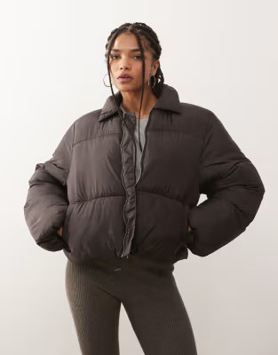 Monki cropped puffer jacket with collar detail in brown | ASOS (Global)