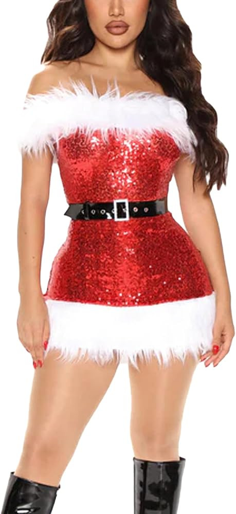 Women Christmas Plush Trim Wrapped Dress Mrs Claus Costume Strapless Sparkly Sequin Santa Dress w... | Amazon (US)