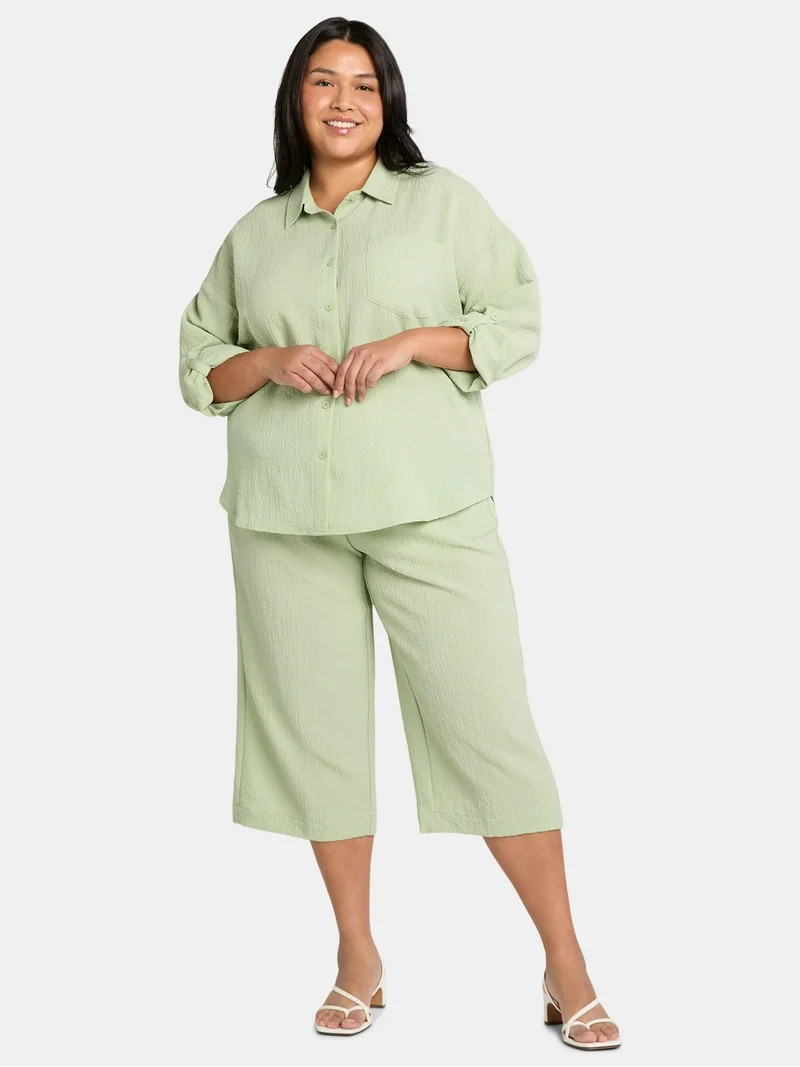 Just My Size Women's Plus Gauze Button Up Shirt and Capri Pants Set, 2-Piece, 21" Inseam, Sizes 0... | Walmart (US)